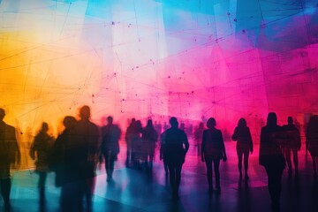 Silhouettes of people in a colorful space