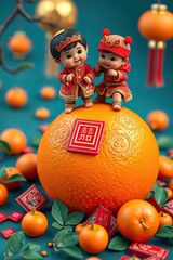 Wall Mural - 3D render focuses on two cute Chinese children in traditional clothing climbing a giant mandarin orange with a red square sticker. Miniature oranges