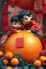 Wall Mural - 3D render focuses on two cute Chinese children in traditional clothing climbing a giant mandarin orange with a red square sticker. Miniature oranges