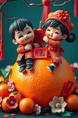 Wall Mural - 3D render focuses on two cute Chinese children in traditional clothing climbing a giant mandarin orange with a red square sticker. Miniature oranges