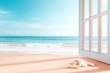 Wall Mural - A scenic window view of a tropical beach, with the ocean waves gently lapping against the shore under a bright blue sky