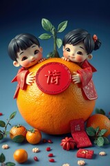 Wall Mural - 3D render focuses on two cute Chinese children in traditional clothing climbing a giant mandarin orange with a red square sticker. Miniature oranges