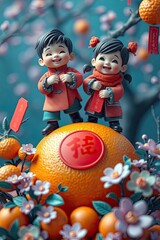 Wall Mural - 3D render focuses on two cute Chinese children in traditional clothing climbing a giant mandarin orange with a red square sticker. Miniature oranges