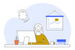 © Bi - office worker at desk happy woman company employee or entrepreneur performs tasks on computer in her comfortable workspace. efficient workflow. moving banner. flat graphic animated cartoon video