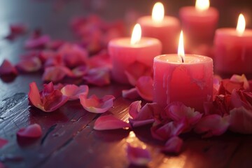 Wall Mural - Romantic atmosphere created by pink candles and rose petals on a wooden table