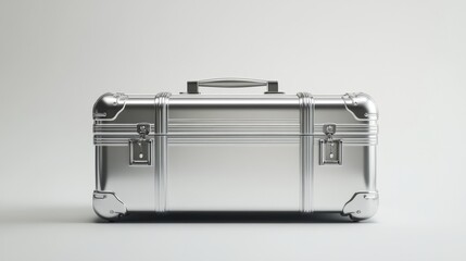 Sleek silver suitcase with a metallic finish, isolated on a bright white surface, modern style 