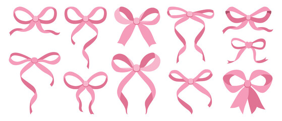 Wall Mural - Simple hand drawn pink ribbon bow collection. Bowknot for decoration, big set of bowtie. Large retro ribbon illustration set. Set of various cartoon bow knots, gift ribbons. Valentines day, love sign 