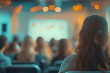 Wall Mural - Woman Listening to Presentation in Auditorium