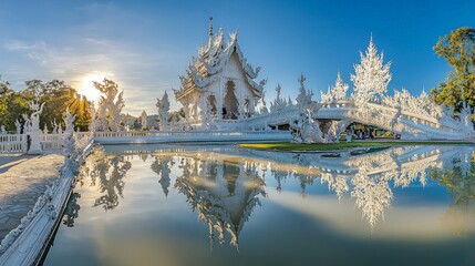 White Temple sunset reflection, Chiang Rai, Thailand. Peaceful travel destination.