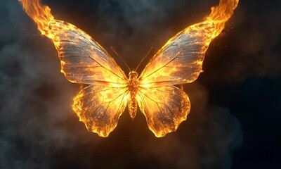 Wall Mural - A fiery butterfly with wings made of flames, symbolizing transformation and beauty.
