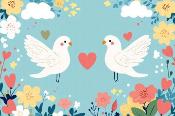 Aufkleber - Sweet illustration of two doves surrounded by colorful flowers and hearts in a cheerful, bright setting. Generative AI