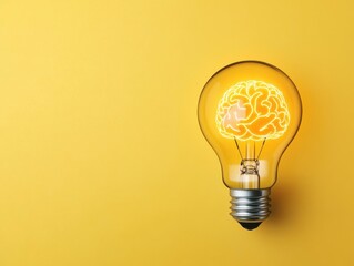 Wall Mural - creative light bulb with brain illustration on yellow background.