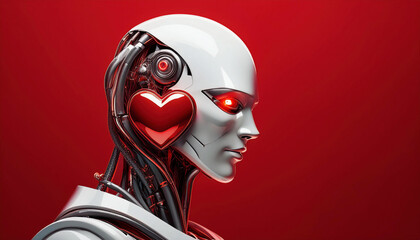 Wall Mural - A sleek humanoid robot with a glowing red eye and a heart-shaped design on its chest is shown in profile against a bold red background.