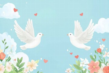 Poster - Doves flying amidst flowers and hearts on a serene blue background for a romantic celebration or decoration. Generative AI