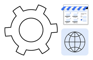 Gear icon beside storefront web tab and globe. Ideal for website development, online business, global trade, technology, digital marketing, innovation, strategy. An abstract line flat metaphor