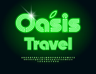 Sticker - Vector touristic banner Oasis Travel. Led illuminated Font. Green Neon Alphabet Letters and Numbers set