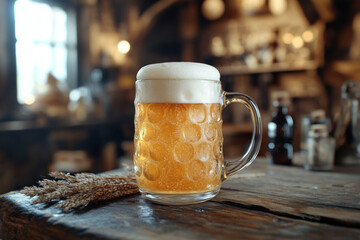 Glass of beer on wooden table with foam spilling over, surrounded by scattered pretzel crumbs and a blurred background of a cozy pub setting.