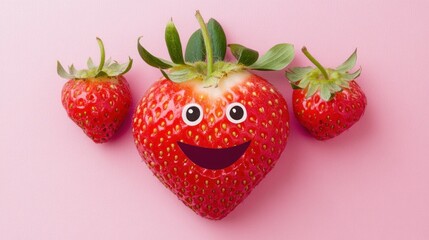 Sticker - Three strawberries arranged on a pink surface, one with a smiley face.