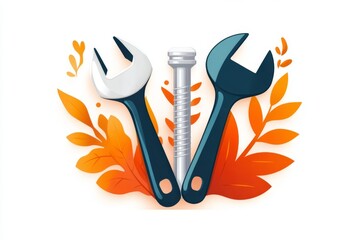Aufkleber - A flat 2D illustration of a wrench and screw set, with bold outlines and bright colors on a clean white canvas