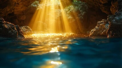 Wall Mural - Golden rays of light shine through cave opening, illuminating calm water surface and rocky surroundings.