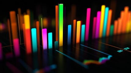 Poster - A close-up of a D bar graph with colorful, metallic bars rising against a dark background, showcasing data analysis and market performance