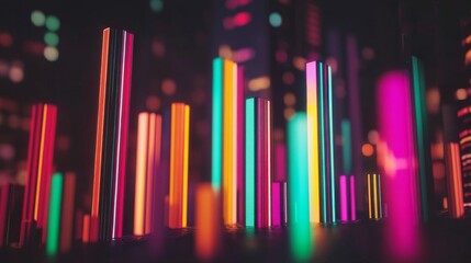 Poster - A close-up of a D bar graph with colorful, metallic bars rising against a dark background, showcasing data analysis and market performance