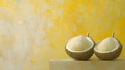 Wall Mural - Two halves of a durian fruit on a beige surface against a yellow background.