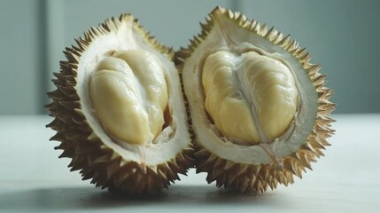 Wall Mural - Two halves of a durian fruit, revealing the creamy, pale yellow flesh inside.  A spiky, brown outer shell.  Fresh and ripe.