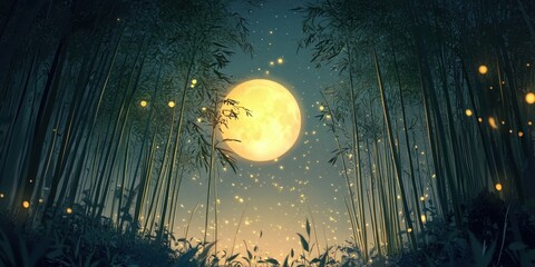 Sticker - Moonlit Bamboo Forest With Fireflies Dancing