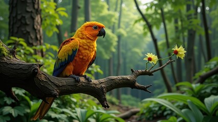 A vibrant Sun Conure perches eye-level on a branch, its striking black beak contrasting with a golden body and vivid blue-yellow wings, facing right in lush surroundings