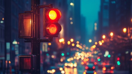 Aufkleber - A close-up of a traffic light showing the red signal, illuminated against a dark city background with glowing street lights creating a dramatic urban setting