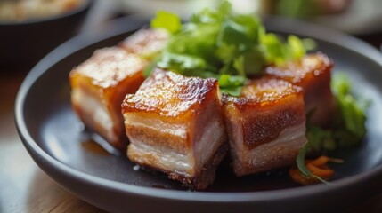 Wall Mural - A close-up shot of crispy pork belly with fish sauce glistening in the light, showing the rich texture of the crispy skin and tender meat beneath.