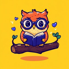 Wall Mural - A cute, cartoon owl wearing glasses reads a book while perched on a branch, surrounded by hearts and leaves against a bright yellow background.