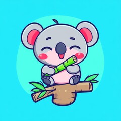 Wall Mural - A cute cartoon koala happily playing a bamboo flute while sitting on a tree stump, set against a bright blue background.