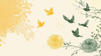 Aufkleber - Colorful birds and floral patterns create a harmonious nature themed design on a soft background. Generative AI