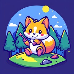 Wall Mural - A cute, cartoon fox sitting on a hill amidst trees, holding a stick, with a bright sun and blue sky in the background.