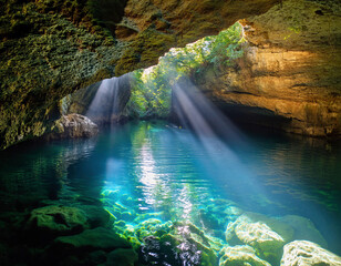 Wall Mural - Ethereal beams of sunlight pierce through a cave opening, illuminating the turquoise waters below and creating a magical natural light show.