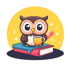 Wall Mural - A cute cartoon owl perched on a colorful book, holding a cup, set against a bright yellow background.