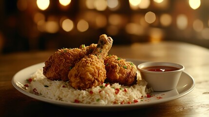 Wall Mural - A delicious plate of golden fried chicken resting on a bed of rice, with a small bowl of dipping sauce on the side, placed on a wooden table with soft lighting