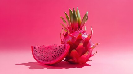 Wall Mural - Vibrant pink dragon fruit, whole and sliced, on a hot pink background.