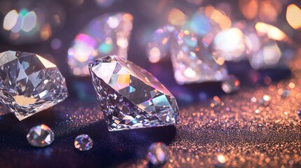 Leinwandbilder - A group of sparkling diamonds scattered on a velvet background, with their facets reflecting a spectrum of light for a luxurious look