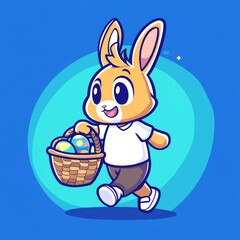 Wall Mural - A cheerful cartoon bunny with a basket of colorful eggs walks joyfully against a vibrant blue background.