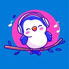 Wall Mural - A cute penguin wearing headphones sits on a branch, surrounded by musical notes against a vibrant blue and pink background.