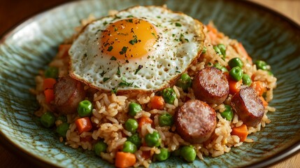 Wall Mural - A plate of American fried rice with diced sausages, peas, and carrots, topped with a fried egg, sitting on a vibrant ceramic plate with soft lighting