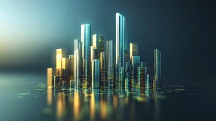 Poster - A sleek, D-rendered bar graph with tall, shiny bars in shades of blue and green, illustrating a rise in market data over a specified period