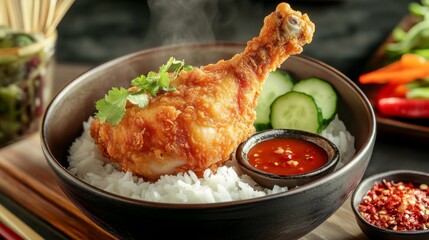 Wall Mural - A steaming bowl of white rice served with a crispy fried chicken leg, garnished with pickled vegetables and a side of dipping sauce, captured under soft lighting