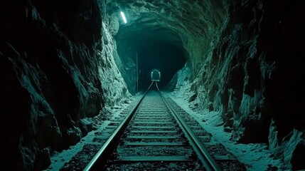 Aufkleber - A subway tunnel at night with faint lighting at the end, highlighting the long, empty tracks stretching into the distance, surrounded by rough concrete walls