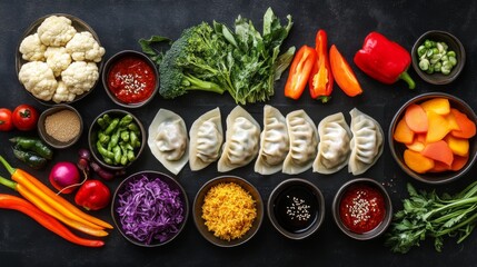 Wall Mural - A top-down view of a vibrant table set with gyoza, dipping sauces, and fresh vegetables, creating a colorful and appetizing atmosphere for enjoying a delicious meal.