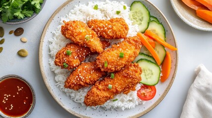 Wall Mural - A top-down view of crispy fried chicken pieces on a bed of fluffy white rice, with a drizzle of sauce and fresh vegetables on the side, set on a clean plate