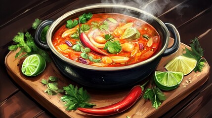 Wall Mural - A vibrant bowl of tom yum goong with steam rising, surrounded by fresh lime and herbs on a wooden board, capturing the essence of a flavorful Thai meal.